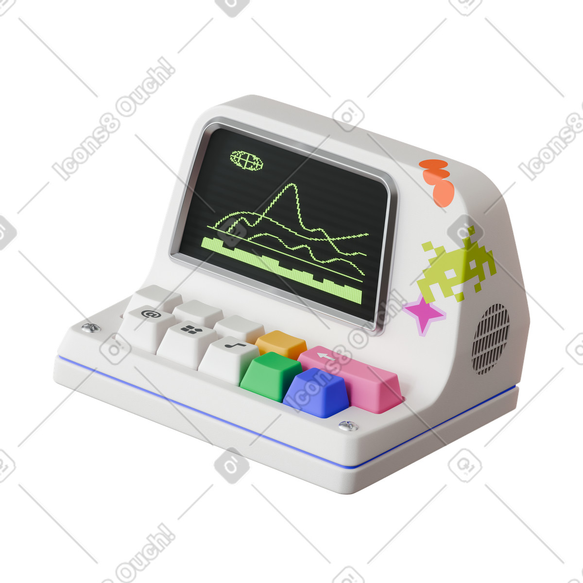 Mini retro computer illustrazione animata in stile 3D Stickle scaricabile in GIF, Lottie (JSON), AE