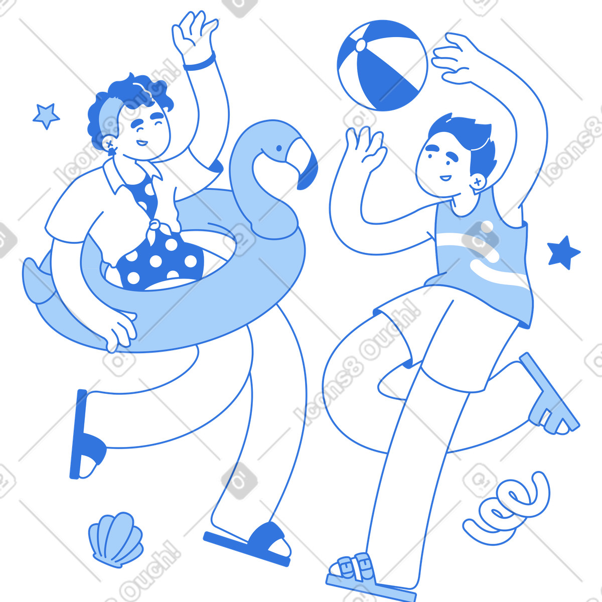 Friends having fun with beach ball, Summer break and recreational activity illustration in Sky style download in PNG, SVG