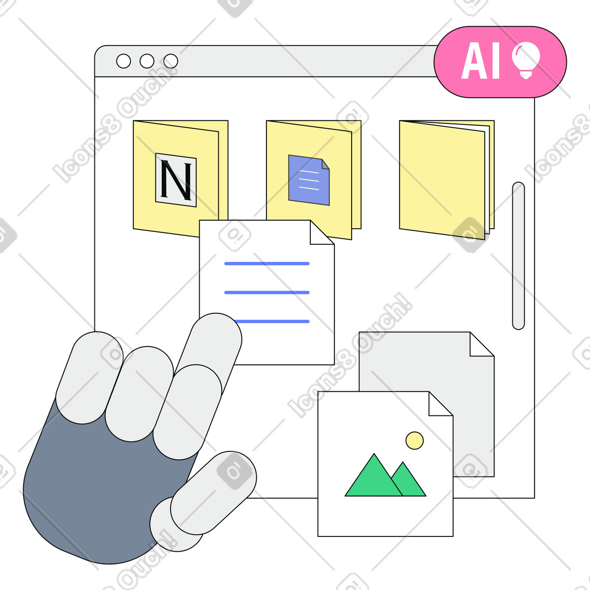 AI Assistant organizing digital documents, managing file system,Smart folder navigation with agent-Illustration im Teko-Stil als Download in PNG, SVG