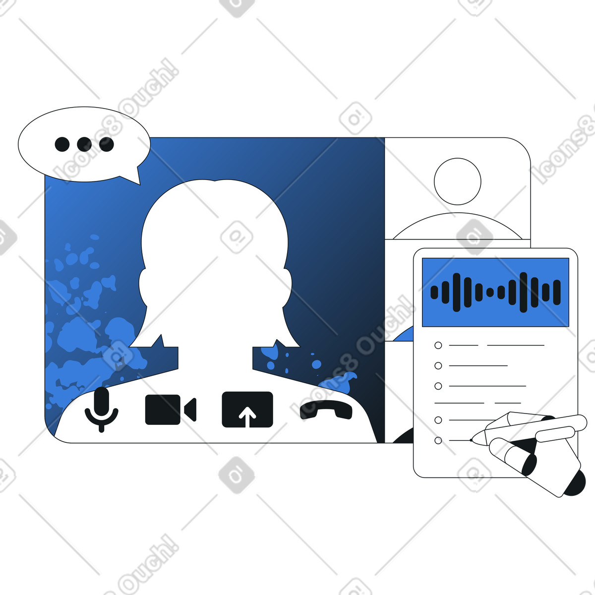 Video meeting with AI note-taking interface, Meeting productivity tools illustration in Midnight style download in PNG, SVG