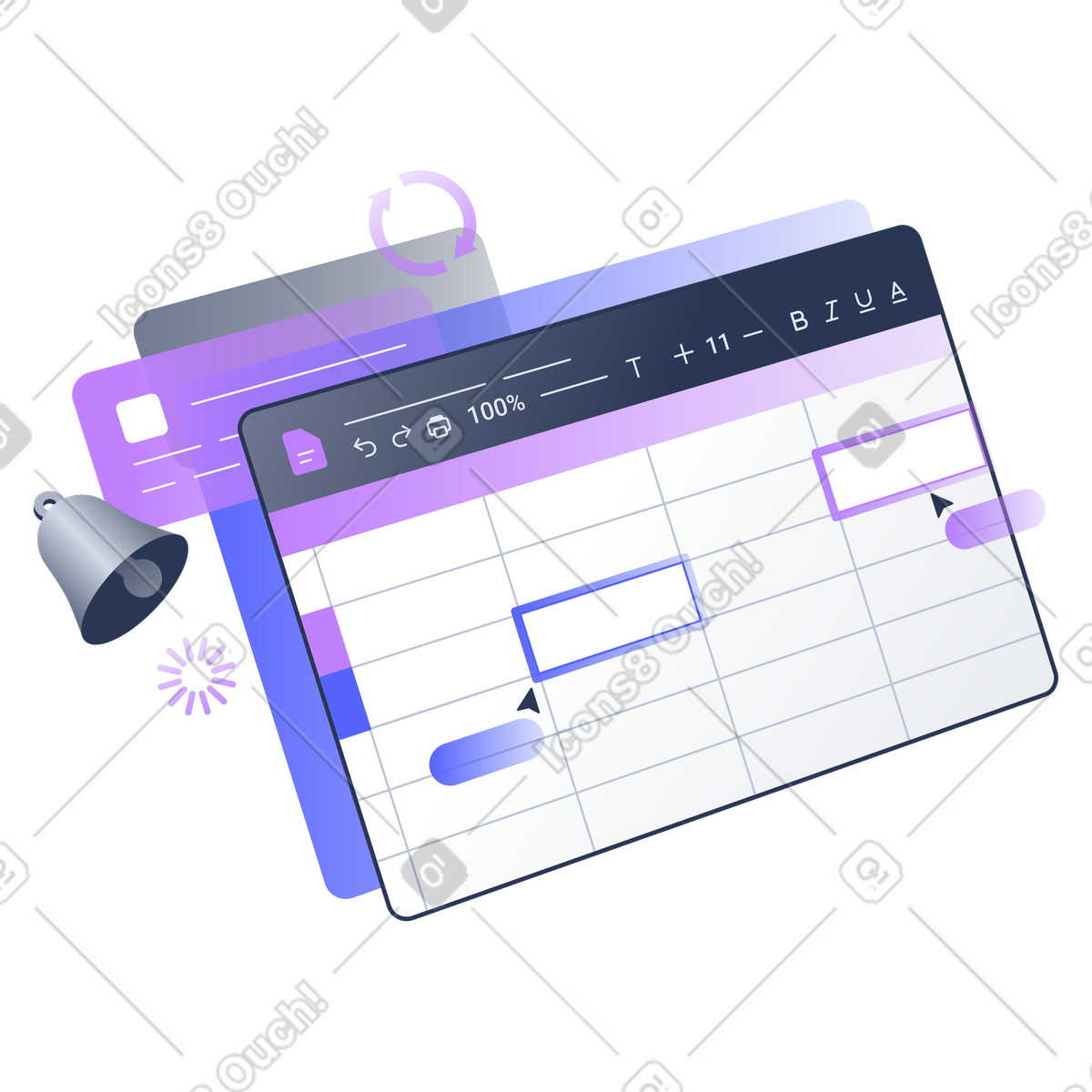 Spreadsheet with bell and refresh, Real-Time Updates, Live Data Editing in Sheets illustration Lucent style download PNG, SVG