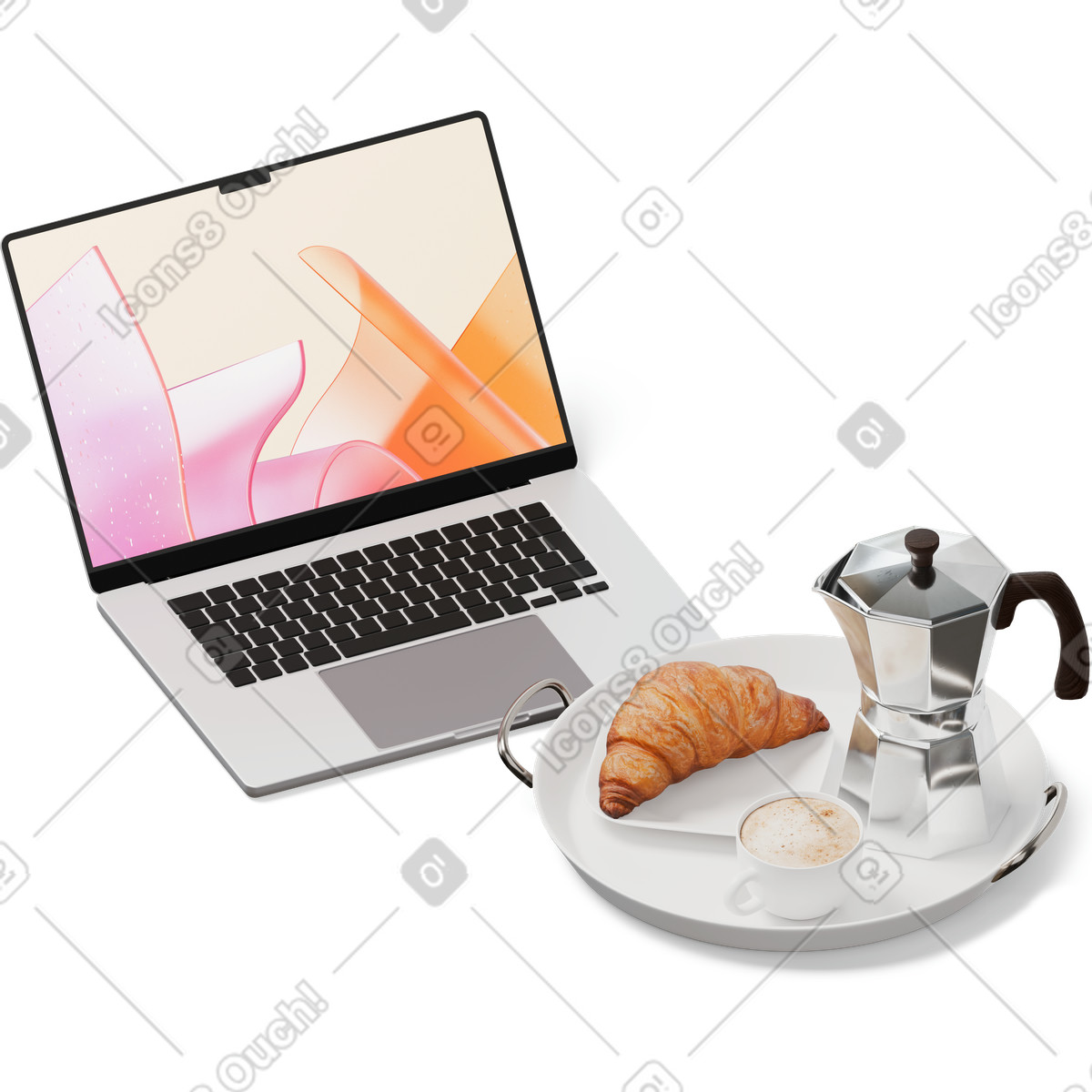 Ilustración Vista isométrica de computadora portátil, moka pot, croissant y taza en estilo 3D Hygge a descargar en PNG SVG