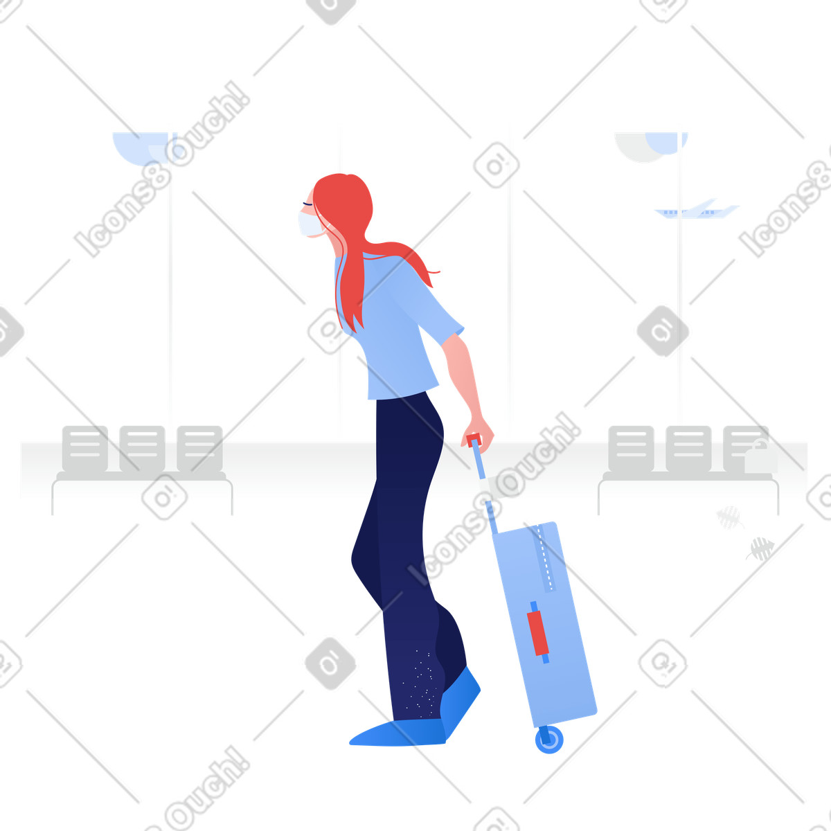 Ilustração de Mulher com máscara facial caminhando mala em no estilo Clip para baixar em PNG, SVG