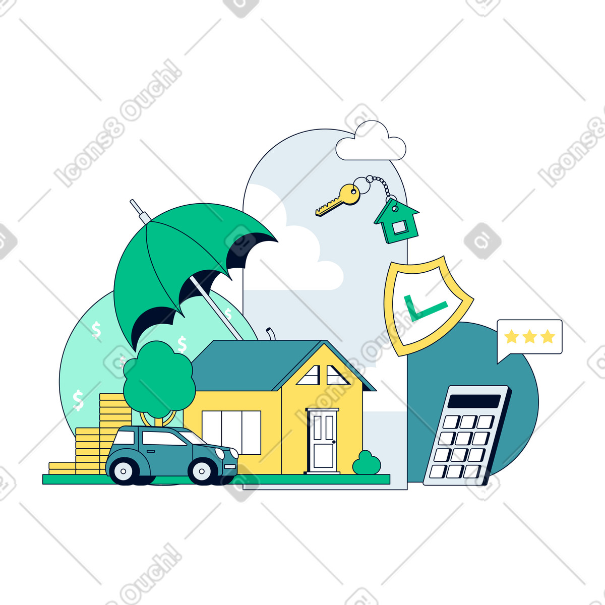 Real estate and car insurance illustration in Teal style download in PNG, SVG