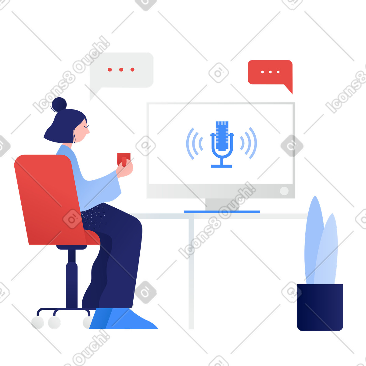 Woman talking to a voice assistant on computer illustration in Clip style download in PNG, SVG