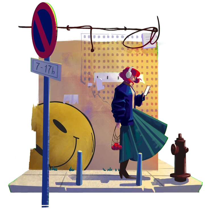 A man sitting on a subway train - Lush style illustration