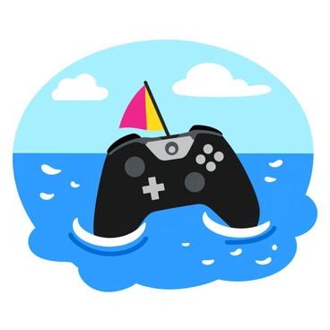 An Xbox controller is positioned in the center of the image, featuring its classic black color and shiny buttons. Attached to the controller is a small, colorful sail that flaps in the wind. The controller is buoyantly floating on a vibrant blue sea, with gentle waves creating a dynamic surface. The sunlight sparkles on the water, reflecting a spectrum of colors. In the background, a clear sky with a few fluffy white clouds enhances the scene.