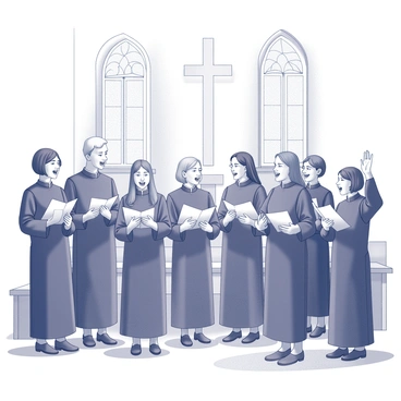 A group of choir members is standing in a church. They are arranged in a semi-circle, each wearing traditional choir robes. The members are of varying ages and genders, with some holding sheet music while others have their arms raised as they sing. Their faces display joyful expressions, conveying enthusiasm and a sense of unity. The church interior features tall stained-glass windows, allowing soft light to filter in, illuminating the scene and casting decorative shadows on the floor. The choir's surroundings include wooden pews and a small altar in the background.