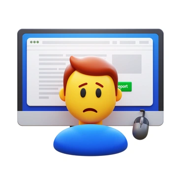 A user with a concerned expression is in front of a computer screen. The user is clicking on a "Report" button displayed prominently on the website interface. The screen shows a webpage with clear layout details, and the button is highlighted to draw attention. The user's hand is positioned over the mouse, and the surroundings are softly blurred to emphasize the focused action.