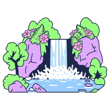 A waterfall is cascading down a rocky cliff, with water splashing into a clear pool below. The edges of the waterfall are adorned with vibrant wildflowers in various arrangements, creating a colorful border. Surrounding the waterfall, there is lush greenery, with trees and large ferns framing the scene. Some rocks are partially submerged in the water, and small streams flow from the pool, feeding into the surrounding vegetation.