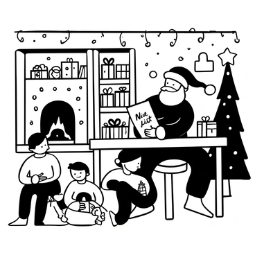 Santa Claus sitting at a wooden desk in a cozy room, surrounded by vintage elves. The elves are busy organizing toys and gifts, one holding a large bag, while another is examining a toy with a magnifying glass. Santa is looking at a scroll that reads "Nice List" with a quill in one hand. The room is filled with shelves stacked with wrapped gifts and twinkling lights. A fireplace is in the background, with stockings hanging above it. A Christmas tree adorned with ornaments stands in the corner.