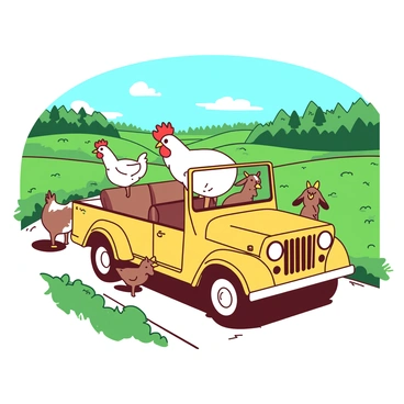 A yellow jeepney is traveling down a winding rural road surrounded by green fields. Inside the jeepney, there are several farm animals, including a fluffy white chicken perched on the edge of a seat and a brown goat standing next to it. A few other chickens are scattered around, clucking softly. The scenery includes distant trees lining the road and a clear blue sky above, providing a backdrop to the lively scene within the jeepney. The animals appear comfortable and curious as they enjoy the ride.