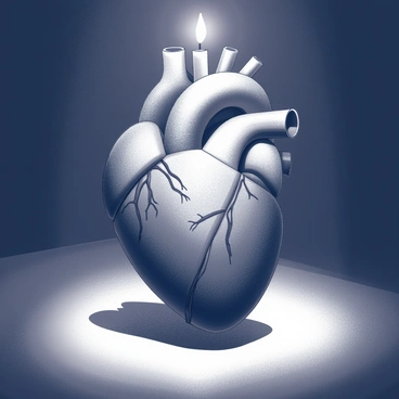 A human heart is positioned in the center of a dimly lit room. The heart has a soft, flickering glow similar to that of a candle, radiating a warm light that illuminates the surrounding space. Shadows dance around the heart, creating a serene atmosphere. The texture of the heart is detailed, showcasing veins and a realistic anatomical structure. The light emitted from the heart casts gentle patterns on the walls and floor, enhancing the contrast with the dark room.