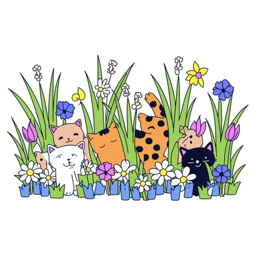 Several cats are hiding among tall grasses and colorful flowers in a vibrant garden. The cats are different breeds and colors, including a fluffy white cat with blue eyes and an orange tabby with dark stripes. The tall grasses sway gently in the breeze, creating a natural cover for the cats. Bright flowers, such as daisies and sunflowers, add splashes of color throughout the garden. The scene captures the playful and curious nature of the cats as they peek out from behind the greenery.