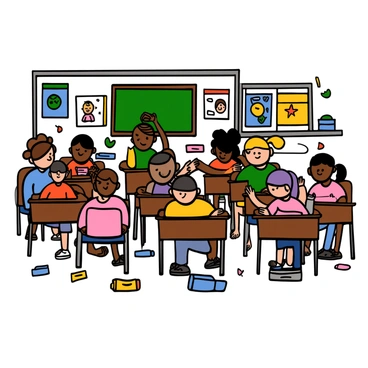 A group of students in a classroom is practicing an earthquake drill. Several students with different skin tones, hair colors, and styles are crouching under their desks for safety. The classroom has colorful educational posters on the walls and a chalkboard at the front. The desks are made of wood, and there are some school supplies scattered around. The students are focused, showing a sense of seriousness while participating in the drill.