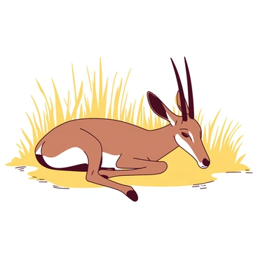 A teal gazelle is resting peacefully in a patch of tall golden grass. Its eyes are closed, and its slender body is relaxed, nestled among the blades of grass. The sunlight filters through the grass, casting gentle shadows on the gazelle's fur. In the background, additional tufts of grass create a natural frame around the scene, enhancing the serene setting.