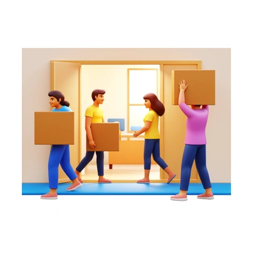 A group of friends carrying moving boxes into a new apartment. One friend is balancing a large cardboard box on their shoulder, while another friend is holding a smaller box in front of them. A third friend is placing a box down inside the apartment, revealing a cozy interior with neutral-colored walls. The friends are smiling and engaged in conversation as they help each other. Sunlight filters in through a nearby window, casting soft shadows on the floor.
