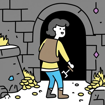 A courageous adventurer with a sturdy leather armor and a sword at their side stands at the entrance of a dark dungeon. The dungeon has stone walls and a dimly lit atmosphere, with flickering torches illuminating the path ahead. Piles of gold coins and glittering jewels are scattered around, hinting at hidden treasures. Shadows loom in the corners, suggesting unseen challenges that lie within. The adventurer looks determined, ready to step into the unknown.