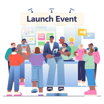 An entrepreneur with short black hair is standing at a sleek, modern booth displaying a new tech product. The booth features a large banner with the words "Launch Event" in bold letters. The entrepreneur is wearing a fitted dark blazer and jeans, holding a tablet showcasing the product's features. Surrounding the booth is a curious crowd of diverse individuals, some taking photos with their smartphones while others engage in conversation. A spotlight above the booth illuminates the product, which is a futuristic gadget designed with metallic finishes. In the background, colorful banners and promotional materials can be seen, adding to the atmosphere of the tech expo.