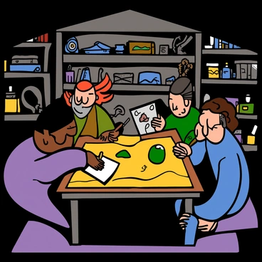 Thieves gathered around a large map, plotting their next big heist in a dimly lit room.