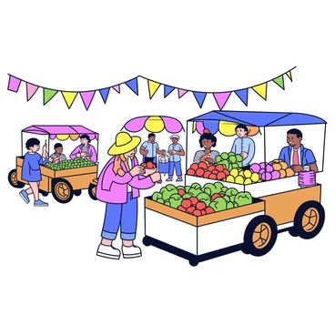 A person stands at a vibrant open-air village market, surrounded by colorful stalls filled with fresh produce. The individual, wearing a sun hat, is examining a basket of ripe tomatoes. Nearby, a stall displays an array of green leafy vegetables, while another showcases bright oranges stacked neatly. The market is bustling with other shoppers and vendors, creating an energetic atmosphere. In the background, a few rustic wooden carts are used for transporting goods. Brightly colored banners flutter in the gentle breeze above the stalls.