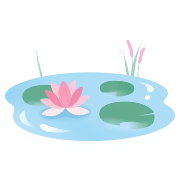 A tranquil pond has a smooth surface reflecting the sky above. A single "pink lotus flower" is floating gracefully on the water's surface, its petals gently unfolding. The lotus is surrounded by several "green lily pads," each with a slight curvature. Soft ripples spread outward from the flower, creating a sense of calm in the scene. A few delicate reeds rise from the water’s edge, adding to the serene atmosphere of the pond.