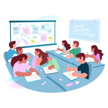 A group of students is seated at individual desks in a classroom. Each student has a notebook open in front of them, filled with handwritten notes and sketches. Some students are writing with pens while others are deep in thought, gazing at their notebooks. A whiteboard at the front of the room displays colorful sticky notes with various story ideas and prompts. Sunlight streams through the window, casting soft shadows on the desks. There are scattered pencils and erasers among the notebooks, adding to the creative atmosphere. A bulletin board nearby showcases past story submissions and illustrations from previous sessions.
