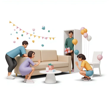 A group of four friends, two men and two women, are hiding behind various pieces of furniture in a brightly decorated living room. The first man, wearing a blue t-shirt and black jeans, crouches behind a large beige sofa, peeking out with a playful grin. The second man, dressed in a green sweater and brown pants, is positioned behind a tall bookshelf, holding a colorful gift box wrapped in shiny red paper. One woman, in a purple dress, carefully hides behind a coffee table, gazing eagerly towards the room's entrance, while the other woman, wearing a yellow top and denim shorts, is crouched behind a chair, holding a balloon in each hand. Streamers and balloons are visible in the background, creating a festive atmosphere.