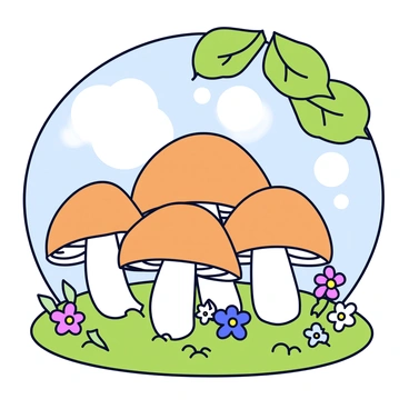 A circle of small, brown mushrooms with smooth caps, closely spaced together. The mushrooms have slender white stems that gently curve upwards. Sunlight filters through the green leaves above, casting dappled light on the ground. The forest floor is covered with soft green grass and scattered leaves, enhancing the natural setting. Surrounding the mushrooms, there are a few wildflowers in various colors, adding a touch of brightness to the scene.