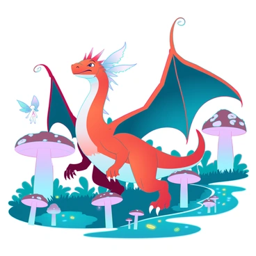 Charizard wandering in a whimsical fairyland with glowing mushrooms and enchanted creatures