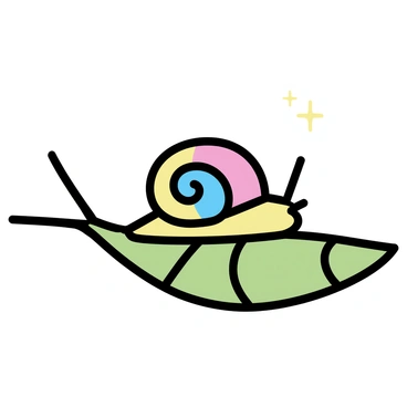 A snail with a vibrant, multicolored shell is slowly crawling on a green leaf. The leaf has visible veins and a slightly curled edge. The snail's body is soft and glistening, reflecting light as it moves. The scene captures the delicate details of the snail's shell, showcasing patterns and hues of red, yellow, and blue. The background is softly blurred, focusing attention on the snail and the leaf it traverses.