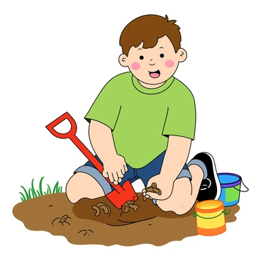 A young boy with short brown hair and rosy cheeks is kneeling in a patch of brown soil, wearing a bright green t-shirt and denim shorts. He has a look of excitement on his face as he digs with a small red shovel. Several earthworms are wriggling in his palm, and he gazes at them with wide, curious eyes. Sunlight filters down, casting soft shadows around him, and small green blades of grass surround the digging area. A colorful bucket sits nearby, ready to collect more discoveries.