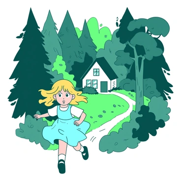 A girl with golden hair is running away from a small, quaint cottage nestled in the woods. She is wearing a light blue dress that flows around her as she moves quickly. Her expression reflects nervousness as she glances back over her shoulder towards the cottage. The surrounding woods are dense with tall, dark green trees and a thick underbrush. Sunlight filters through the leaves, casting dappled shadows on the ground. The path she is running on is narrow and winding, leading deeper into the forest.