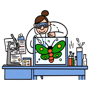 A scientist with light skin and short brown hair is wearing a white lab coat and safety goggles. The scientist is leaning over a glass observation tank with a giant, colorful bug inside. The bug has bright green wings and large, multifaceted eyes. The laboratory is filled with scientific equipment, such as microscopes and beakers. The scientist's expression shows intense focus and curiosity as they carefully observe the bug's movements. Various notes and charts are scattered on the workbench nearby, adding to the scientific atmosphere.