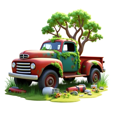An old, rusted truck partially covered in vines and moss. The truck is situated in an overgrown junkyard with tall grasses and wildflowers surrounding it. There are trees in the background, their branches reaching over the vehicle. The paint on the truck is chipped and faded, revealing the metal underneath. Various car parts and debris are scattered around the truck, blending into the natural landscape. Sunlight filters through the leaves, casting dappled shadows on the ground.