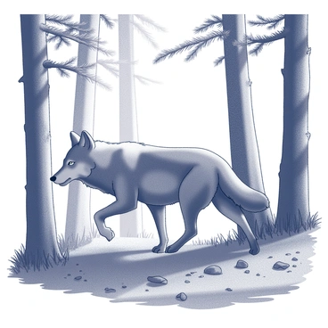 A grey wolf is moving stealthily through a grove of tall pine trees. The wolf has a thick, dense coat that blends with the shadows of the forest. Its ears are perked up, alert to its surroundings, while its eyes are focused ahead. The tall pine trees stand majestically, their trunks straight and bark textured. Sunlight filters through the branches, casting intricate shadows on the forest floor, which is littered with pine needles and small rocks. The atmosphere conveys a sense of quiet focus as the wolf navigates the underbrush with careful steps.