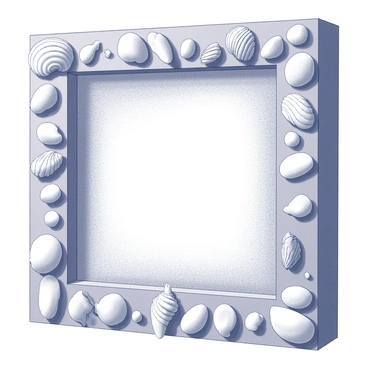A rectangular frame made of polished wood. The edges of the frame are adorned with a diverse assortment of seashells, including spiral shells, flat scallops, and small conch shells. Each shell is placed meticulously to create an organic, flowing pattern that enhances the beach theme. The background inside the frame features subtle textures reminiscent of sandy shores, providing a natural contrast to the shells. The overall composition evokes a coastal atmosphere.