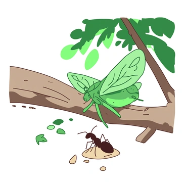 A green cicada with delicate wings is perched on a light brown branch of a shady tree. Next to it, a small black ant sits on a smooth piece of bark, listening intently. Sunlight filters through the leaves, creating a dappled effect on the ground. The cicada appears animated, with its body slightly leaning forward as if excitedly sharing a story. The ant is looking up at the cicada, its antennae perched in curiosity. Tiny details of the tree's textured bark and scattered leaves enhance the scene.