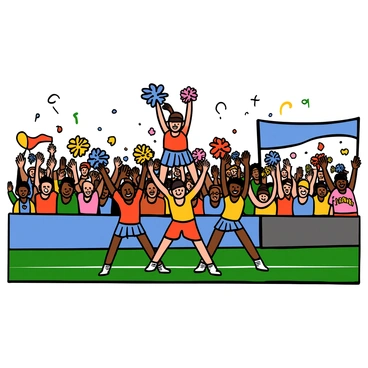 A group of cheerleaders with varying skin tones is energetically performing a routine on the sidelines of a sports field. They are dressed in colorful uniforms with contrasting skirts and pom-poms in their hands. The cheerleaders are in dynamic poses, with some leaping into the air and others forming a pyramid. The crowd in the background is animated and cheering, with many people waving their hands and holding banners. The atmosphere is filled with excitement, capturing the spirit of the match.