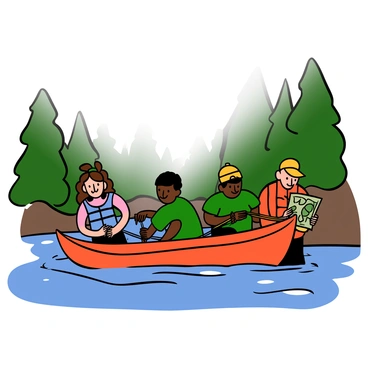 A misty morning scene with soft, diffused light illuminating the surroundings. A group of rafters, consisting of three individuals, is gathered by a flowing river, surrounded by trees partially obscured by fog. One rafters is a light-skinned woman with long wavy brown hair, wearing a blue life jacket, as she checks the straps on her gear. Another is a dark-skinned man with short black hair, dressed in a green t-shirt, carefully tightening the ropes on a bright red raft. The third person is a light-skinned man with short sandy hair, wearing a yellow cap and an orange jacket, looking at a map. The river glistens with reflections of the morning light, and the atmosphere conveys a sense of anticipation and adventure.