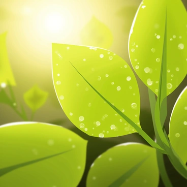 A close-up view of green leaves covered in tiny droplets of water, each droplet sparkling in the soft light of dawn. The background features a gentle blur of other leaves, enhancing the focus on the dewy leaves. The sunlight casts a warm glow, creating a serene atmosphere around the scene.