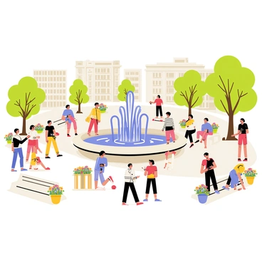 A bustling fountain square filled with a diverse group of people enjoying their time. There are children playing around the fountain, while adults chat and relax on benches. The fountain is central, with bright blue and white stylized water splashing upwards. Colorful flowers bloom in planters around the square, adding vibrancy to the scene. Several trees provide shade, and buildings in the background reflect a lively urban environment. The entire atmosphere is lively and engaging, showcasing a gathering place for the community.