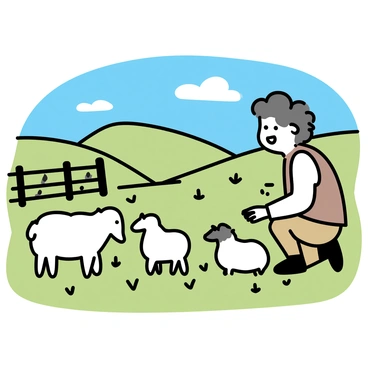 A hobbit, with curly hair and large feet, is tending to a flock of sheep in a vibrant green pasture. The hobbit, wearing a brown vest and earth-toned trousers, is seen kneeling down, gently petting a white sheep. The pasture is dotted with small wildflowers, and in the background, there are gentle rolling hills under a clear blue sky. A rustic wooden fence encloses part of the pasture.