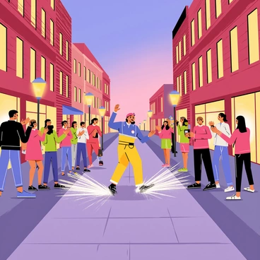 An urban street scene during the evening with a vibrant atmosphere. A street performer is positioned in the center, wearing a colorful costume and creating spark effects with their performance. Surrounding the performer, there are brick buildings with glowing windows and lampposts illuminating the street. A small crowd of diverse onlookers is gathered, some clapping and others recording the performance on their phones. The pavement reflects the warm hues of the evening sky and the dynamic sparks from the performer's act.