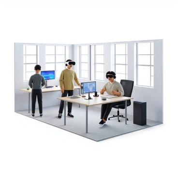 A modern office workspace featuring employees engaging with advanced technology. One employee is wearing a virtual reality headset while standing, completely immersed in a virtual environment. Another employee is seated at a sleek desk, using a tablet to interact with digital interfaces displayed around them. The office has large windows allowing natural light to fill the space, and minimalist furniture with a contemporary design. High-tech gadgets and monitors are visible throughout the room, emphasizing the cutting-edge atmosphere.