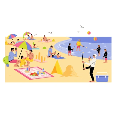 A beach scene filled with families and friends enjoying a sunny day. Groups of people are setting up colorful umbrellas and beach towels on the golden sand. Children are building sandcastles near the shoreline. In the water, several individuals are engaged in spearfishing, wearing wetsuits and snorkel masks, with spearguns in hand. Nearby, a cooler filled with drinks is placed beside a picnic spread featuring sandwiches and fruits. Seagulls are flying above, and beach balls are seen bouncing in the background.