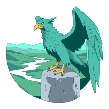 A teal griffon with majestic wings is perched on a large gray stone pillar, surveying the land below. Its sharp golden eyes are focused on the sprawling landscape, which includes rolling hills and a distant shimmering lake. The griffon's feathers are ruffled slightly by a gentle breeze, and its sharp talons grip the rough surface of the pillar. Sunlight casts dynamic shadows across the scene, highlighting the texture of the stone and the intricate details of the griffon's plumage.
