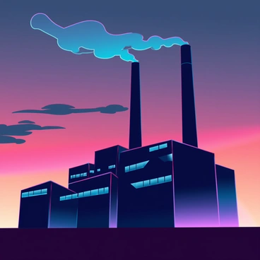 A dark silhouette of a power plant stands against a vibrant dusk sky, filled with shades of orange, purple, and dark blue. The outline of the power plant features tall chimneys emitting puffs of smoke that rise into the air, blending into the evening hues. The structure has angular shapes and geometric lines, emphasizing its industrial design. The smoke trails upwards, creating a contrast against the colorful sky, while the horizon glows softly in the fading light.