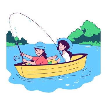 Two friends are sitting in a small yellow boat, casting their fishing lines into a serene blue lake. One friend is wearing a bright blue hat and holding a fishing rod, while the other is leaning back comfortably, resting their hands on the boat’s edge. The sunlight reflects off the calm water, creating a shimmering effect. In the background, there are lush green trees surrounding the lake, adding to the peaceful atmosphere. Each friend is smiling, showcasing the enjoyment of their time spent fishing together.