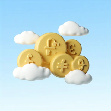 A cloud of various currency symbols including the dollar sign, euro sign, pound sign, and yen sign, all rendered in a glossy finish. The symbols are in different sizes, some larger and some smaller, creating a sense of depth and variety. The background features a clear blue sky with soft, fluffy white clouds scattered around. The sunlight casts a gentle glow on the currency symbols, highlighting their shapes and making them visually striking against the blue backdrop.